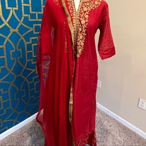 Red and gold benarsi suit